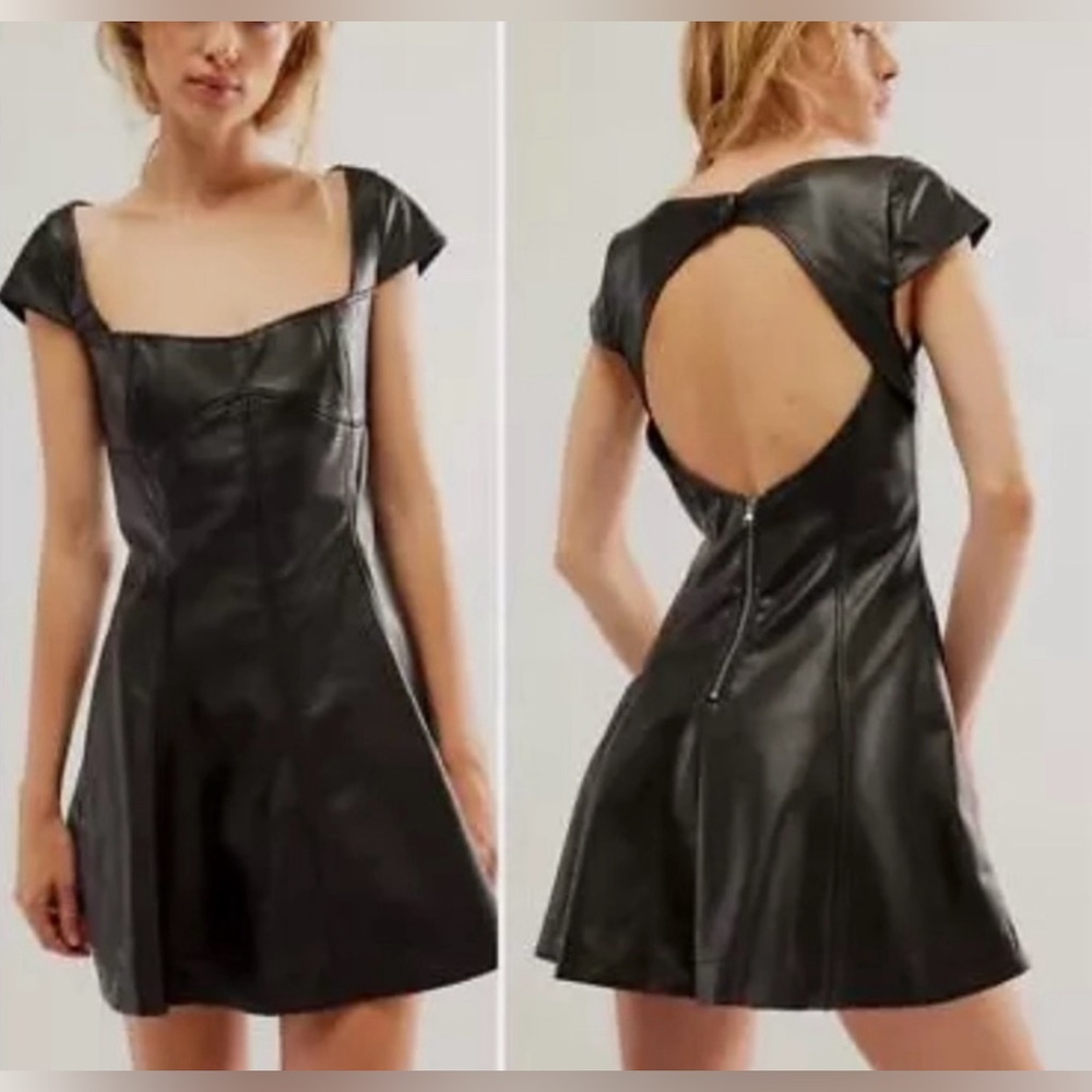 Free People Mimi Vegan Leather Mini Dress NWOT Black